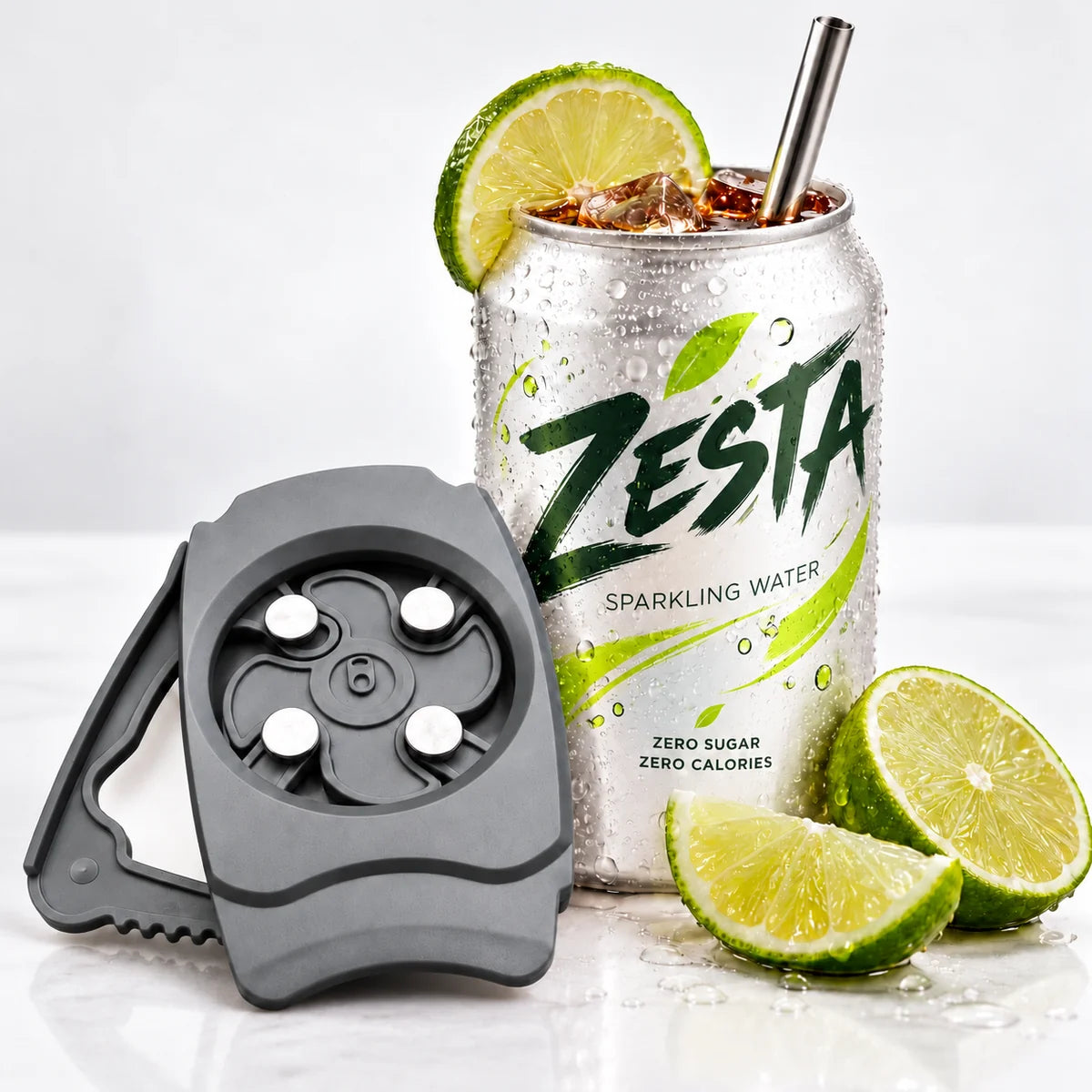 A gray silicone carbonation release tool with metal release pins is shown next to a ZESTA sparkling water can topped with a lime wheel and straw, with lime slices on a white surface.