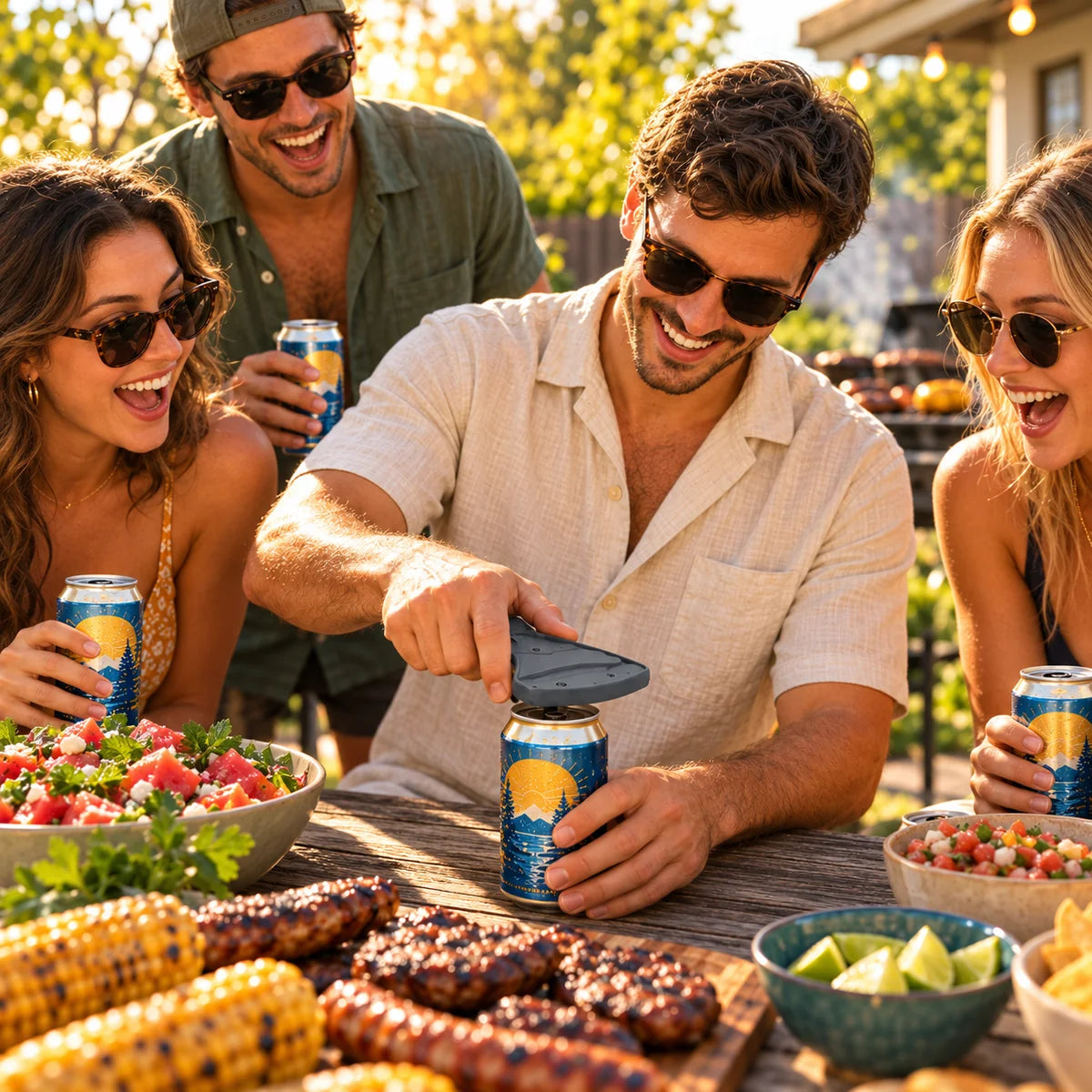 A group of four friends enjoying a sunny backyard barbecue, laughing and holding blue and yellow beverage cans. In the center, a man in a cream shirt is using a dark gray can opener to open one of the cans.